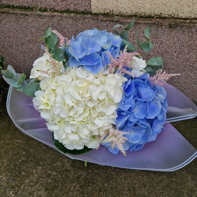 Buchet cu hortensii albe si blue