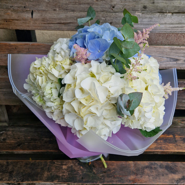 Buchet cu hortensii albe si blue
