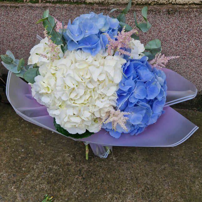 Buchet cu hortensii albe si blue