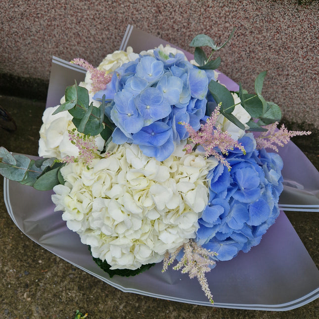 Buchet cu hortensii albe si blue