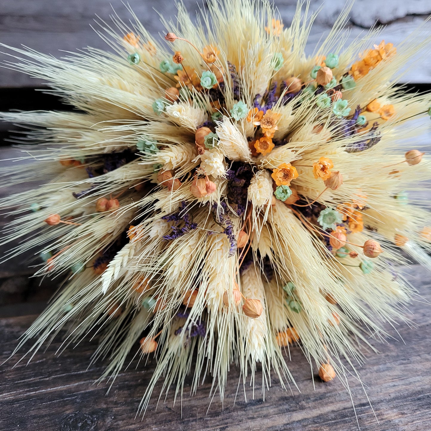 Buchet de mireasa cu grau, in, lavanda si glixia