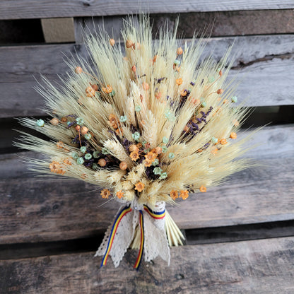 Buchet de mireasa cu grau, in, lavanda si glixia