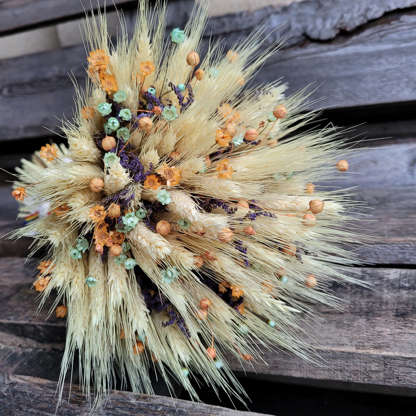 Buchet de mireasa cu grau, in, lavanda si glixia