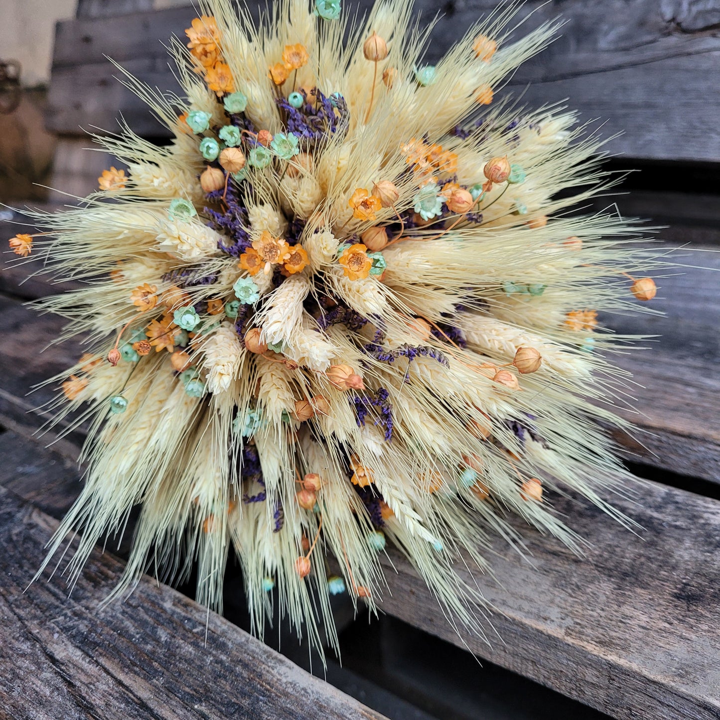 Buchet de mireasa cu grau, in, lavanda si glixia