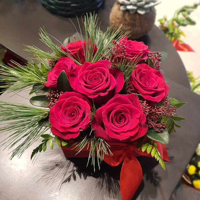 Cutie cu trandafiri rosii, pin si skimmia