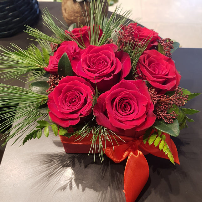 Cutie cu trandafiri rosii, pin si skimmia