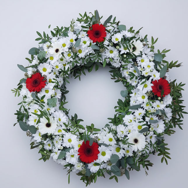 Coroana funerara circulara cu crizanteme si germini