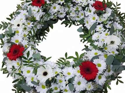 Coroana funerara circulara cu crizanteme si germini