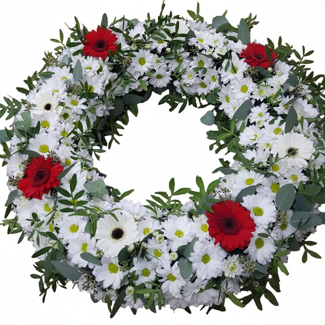 Coroana funerara circulara cu crizanteme si germini